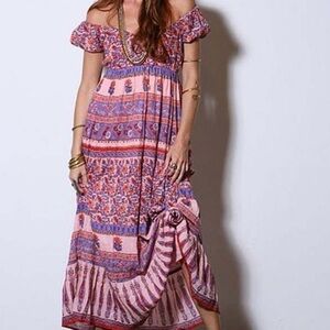 Jens Pirate Booty Off The Shoulder Burning Man Maxi Dress in Purple Hippie Print